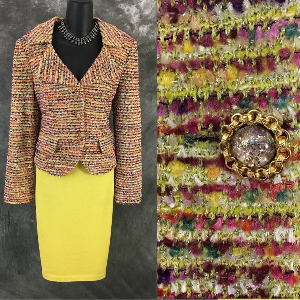 NEW BEAUTIFUL St John knit green pink purple yellow multi skirt suit size M 10